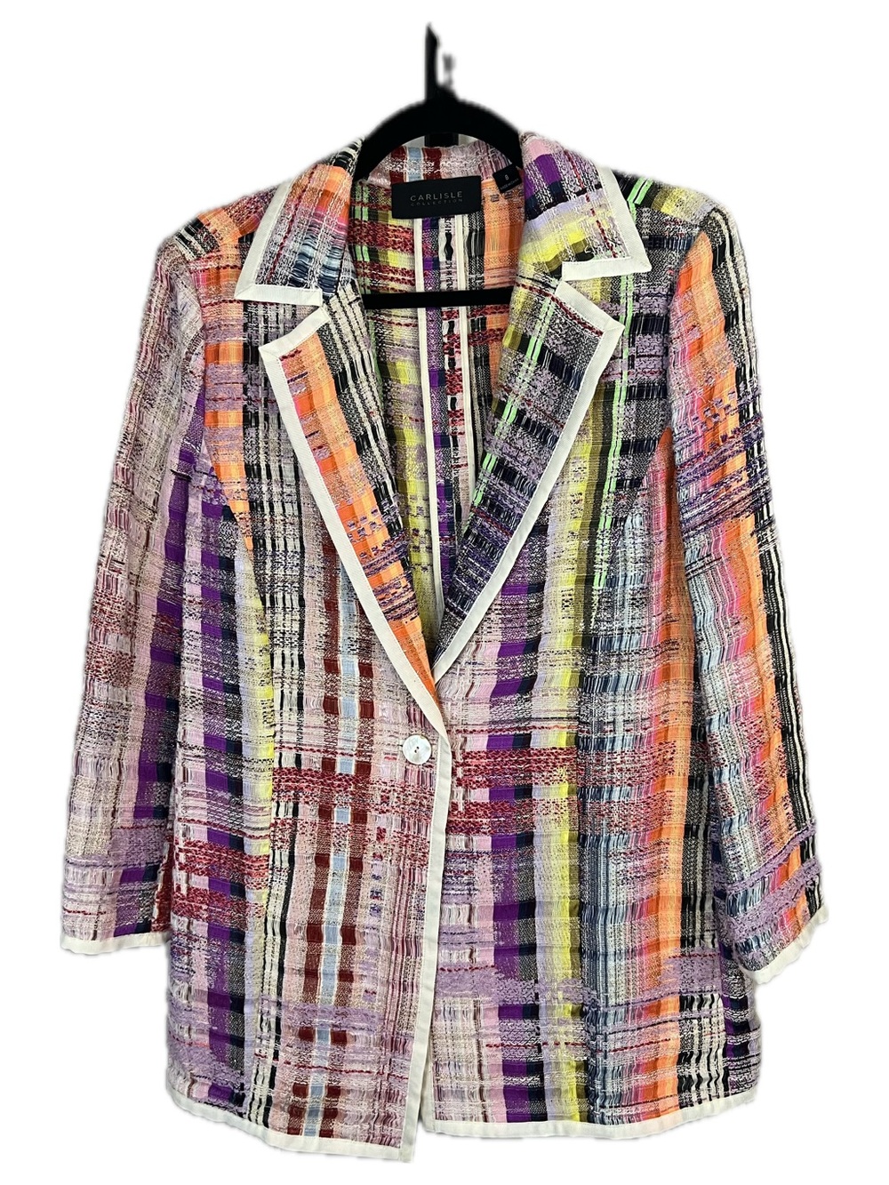 Carlisle Vintage 90s Multicolor Textured Open WeavevPlaid Blazer with White Trim